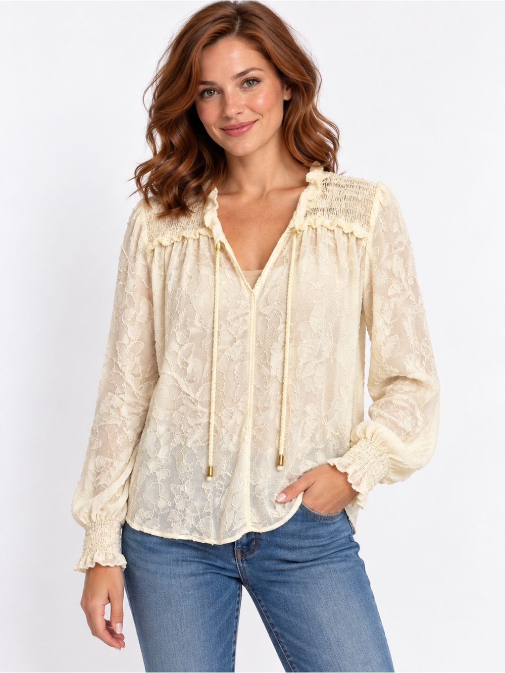 Karina Grimaldi Cream Lace Peasant Blouse with Smocked Yoke